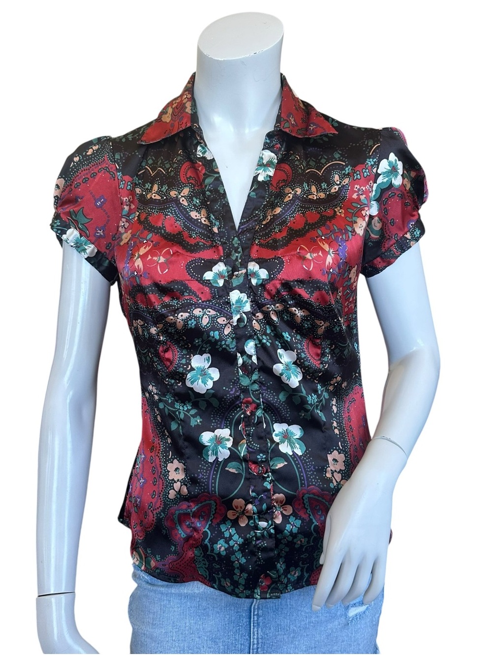 Y2K FANG Red & Black Floral Print Puff Short Sleeve Office Siren Blouse Medium